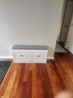 Shoe Storage Bench w/ Flip Drawers & Cushion – White