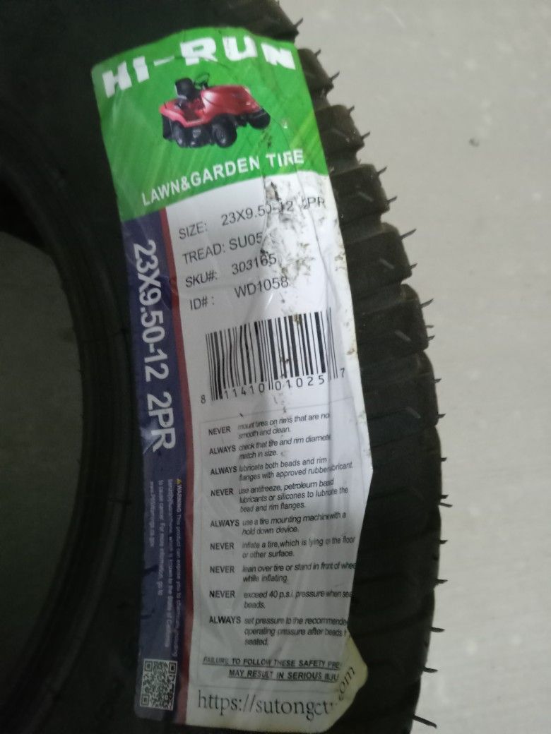 New. HI Run Riding Mower Tire 23x9.50-12