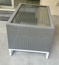 Modern Gray Wicker Outdoor  Pato Side and Coffee Table Clear Tempered Glass  32” L × 20½” W × 18½” H