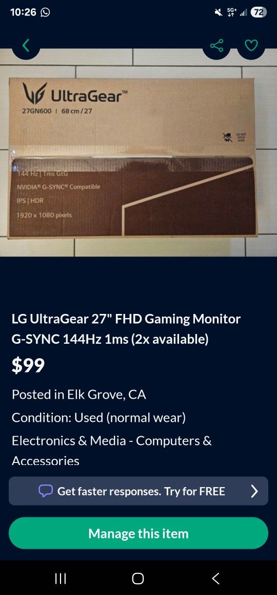LG UltraGear 27" FHD Gaming Monitor G-SYNC 144Hz 1ms (2x available)