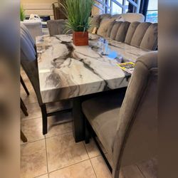 Modern Luxury Beautiful faux marble finish 7 Pc dining room table set