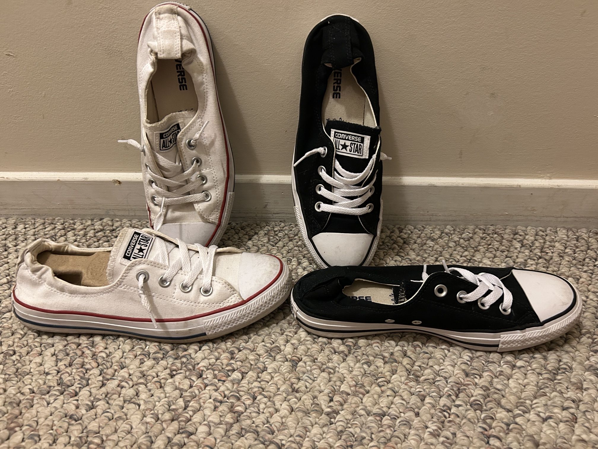 Size 9 womens Chucks, converse all star sneakers Black & white with elastic gather $35 each *retail 57