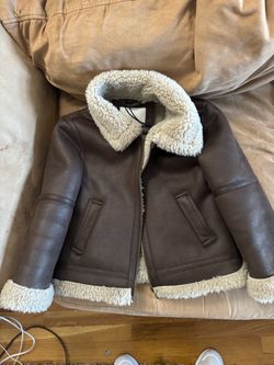 New Brown Shearling Aviator Jacket coat girl sz 6 7