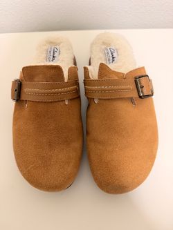 Clarks Brynn Slide Clog, Tan Suede, Faux Fur Lined, Women's 9