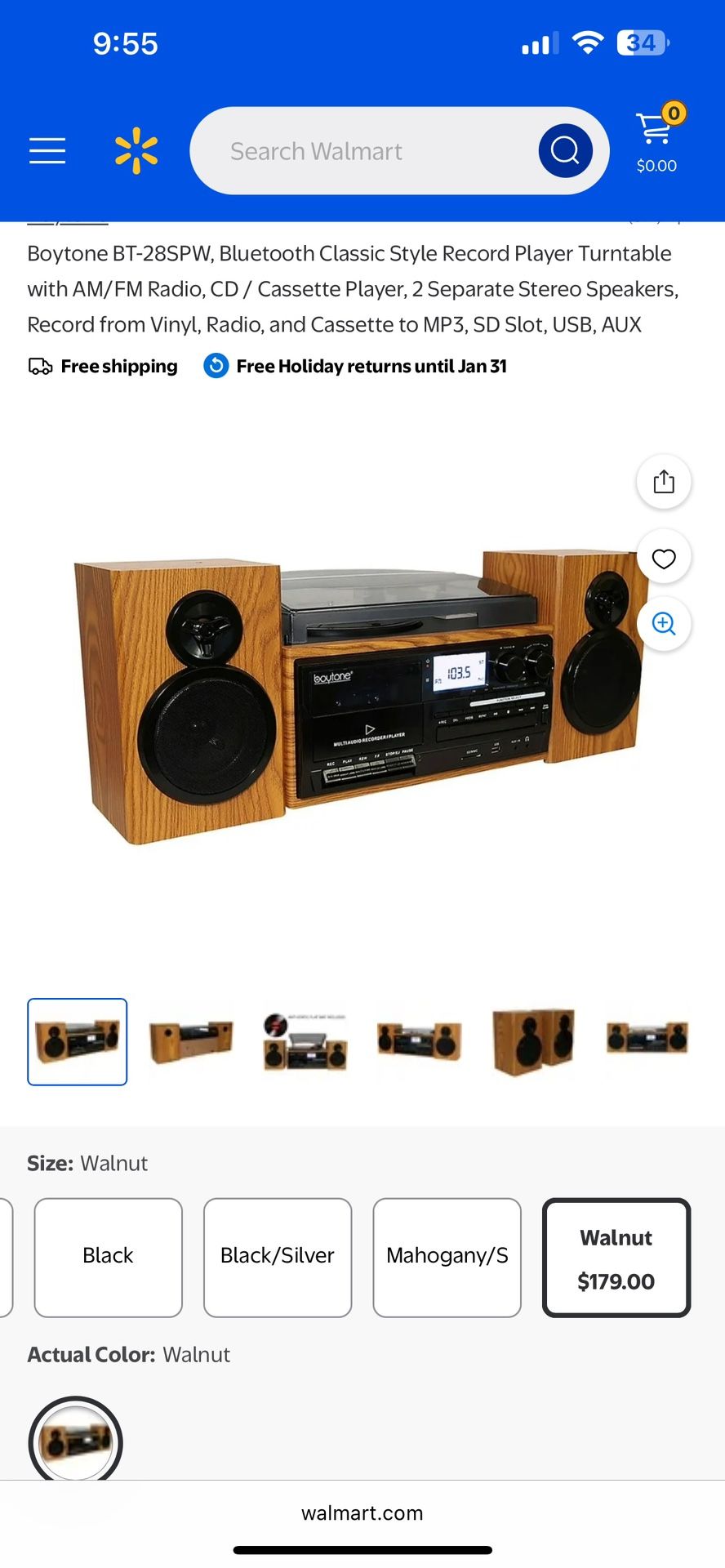 Vinyl Record Player with CD & Cassette, Radio, Bluetooth, USB and Aux.