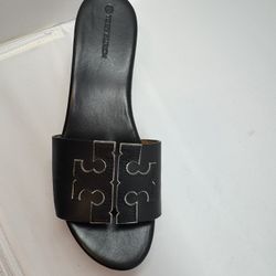 Tory Burch Thora Cork Wedge Slide Sandals - Black Leather w/ Gold Double Size:9 1/2 M