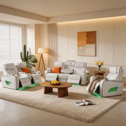 White Leather Power Recliner Sofa Set with LED