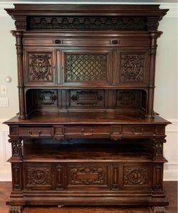 Antique Renaissance Revival Carved Walnut Buffet Hutch