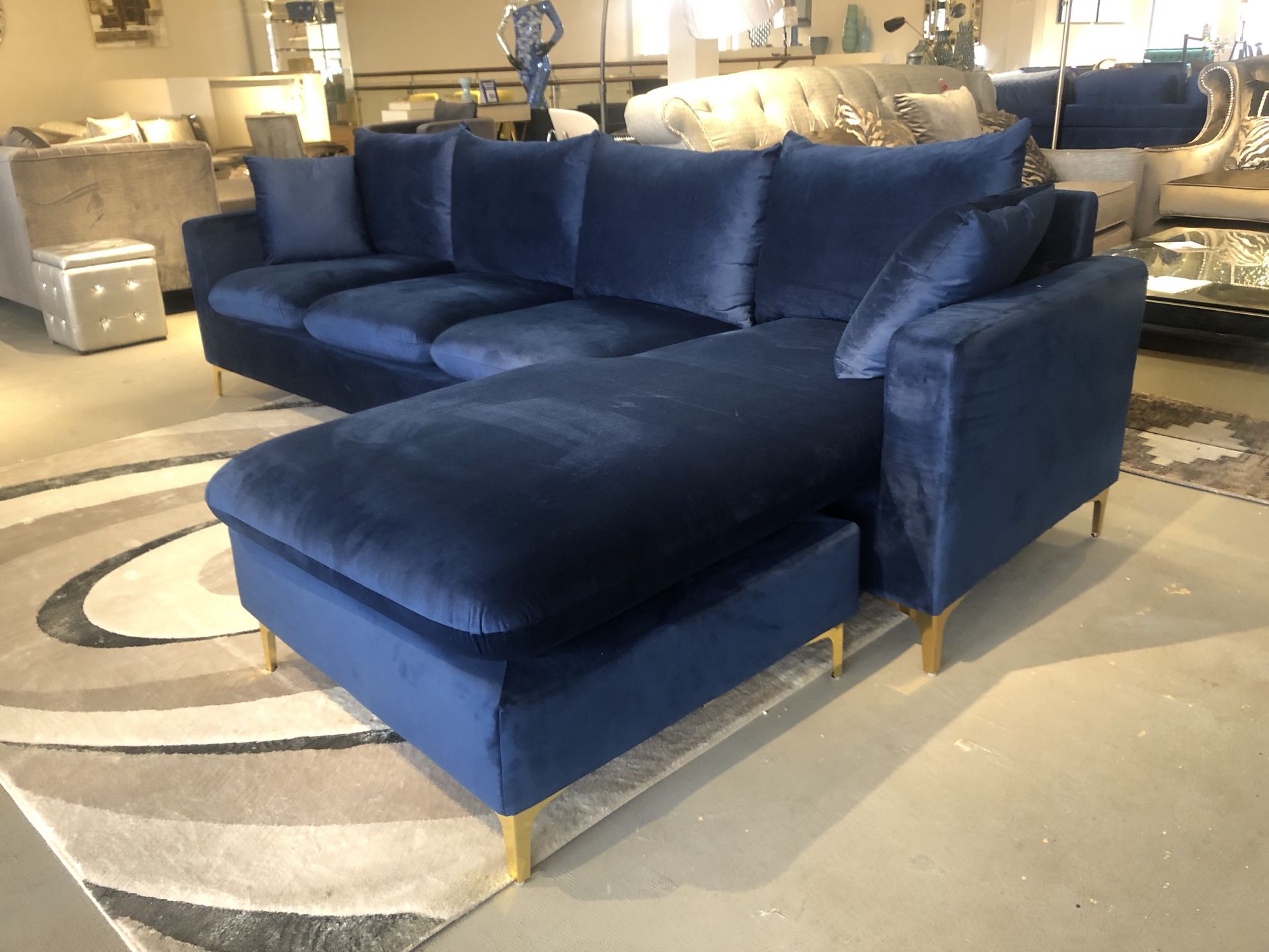 Naomi Blue velvet reversible sectional sofa. Gold or silver legs