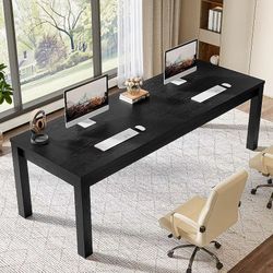 RY0473 78.7 Inch Farmhouse Black Solid Wood Extra Long 2-Person Desk Double Computer Table Work Writing Study Workstation for Home Office or School
