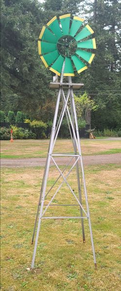 Large Green and Yellow Painted Metal Windmill