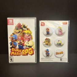 Brand New and Factory Sealed - Super Mario RPG (Nintendo Switch) + Promo Button Set