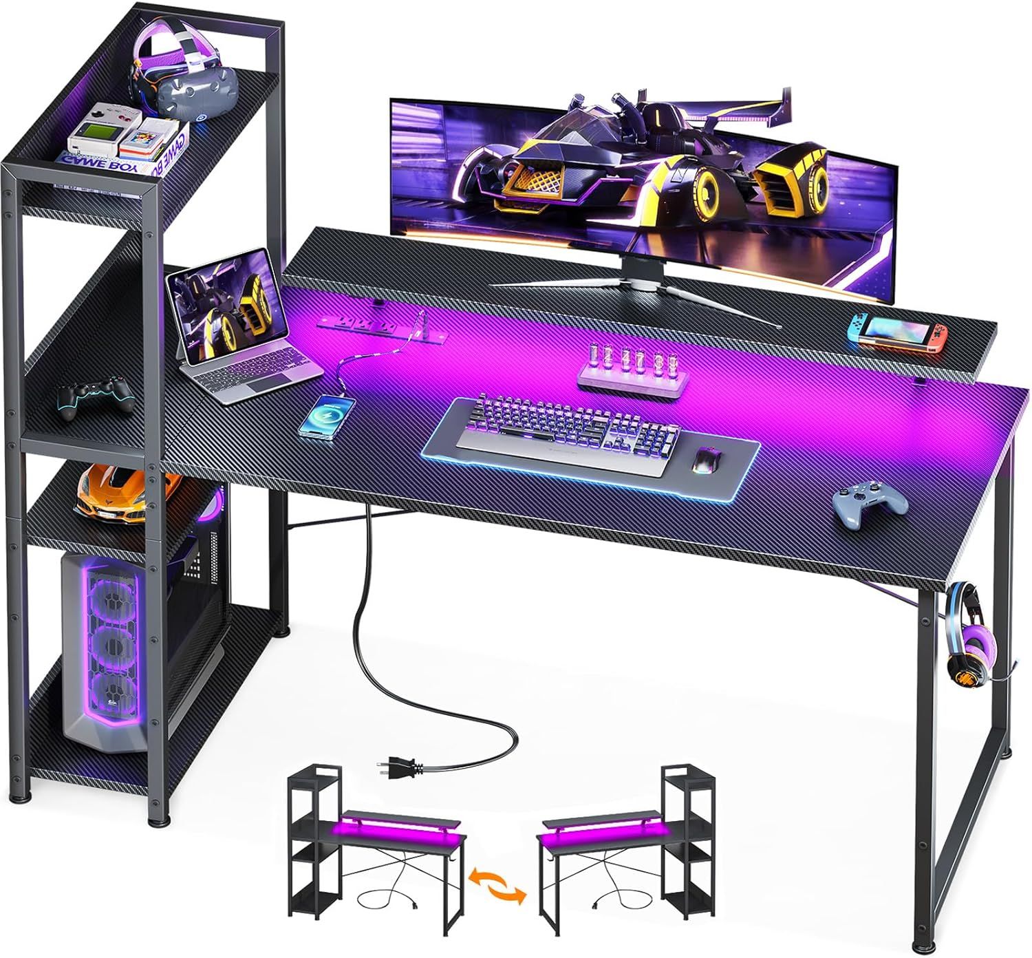 55-Inch PC Gaming Desk with USB Charging, LED Lighting