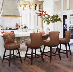 26 in. Dark Brown Wood Frame Faux Leather Upholstered Swivel Bar Stool (Set of 4)