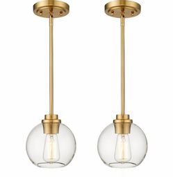 Audickic Brass Pendant Lights Kitchen Island 2 Pack, Farmhouse Gold Pendant Light With Clear Glass Globe Shade, Kitchen Island Lighting For Dining Roo