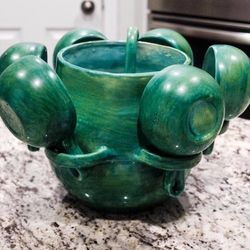 Green Ceramic Punch Bowl/Bean Pot with Ladle and 6 cups