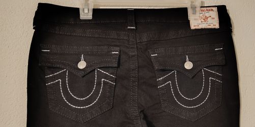 True Religion Joey Mid Rise Flare Jeans Womens Black Flap Pocket 34