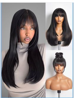 GORGIUS Layered Wigs with Bangs Ready to Go Straight Wig wiht Bangs 22 Inch Put On Go Black Bang Wigs Crafted with Style-Archive Synthetic Fiber Natur