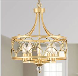 (Brand New in Box) 
5-Light Chandelier E12 Base Round 15.2in - Gold Metal Farmhouse Lantern Pendant Light Fixture,Adjustable Hanging Ceiling Lighting,