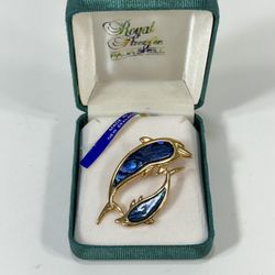 Royal Pacific Paua Shell ~ 2" Double Dolphin Pin Brooch ~ Gold Plated