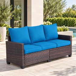 3 seater patio sofa teal cushions with brown wicker