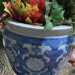 9.25” Tall X 11.25” Top Diameter. Beautiful Vintage Ceramic Blue & White Fishbowl Flower Pot Planter 4 Inside Or Zen Garden. Asian Chinese Chinoiserie
