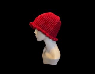 Ready To Ship- Red Crochet Bucket Hat Scalloped Edges Women Size Medium-Handmade ( I ship!