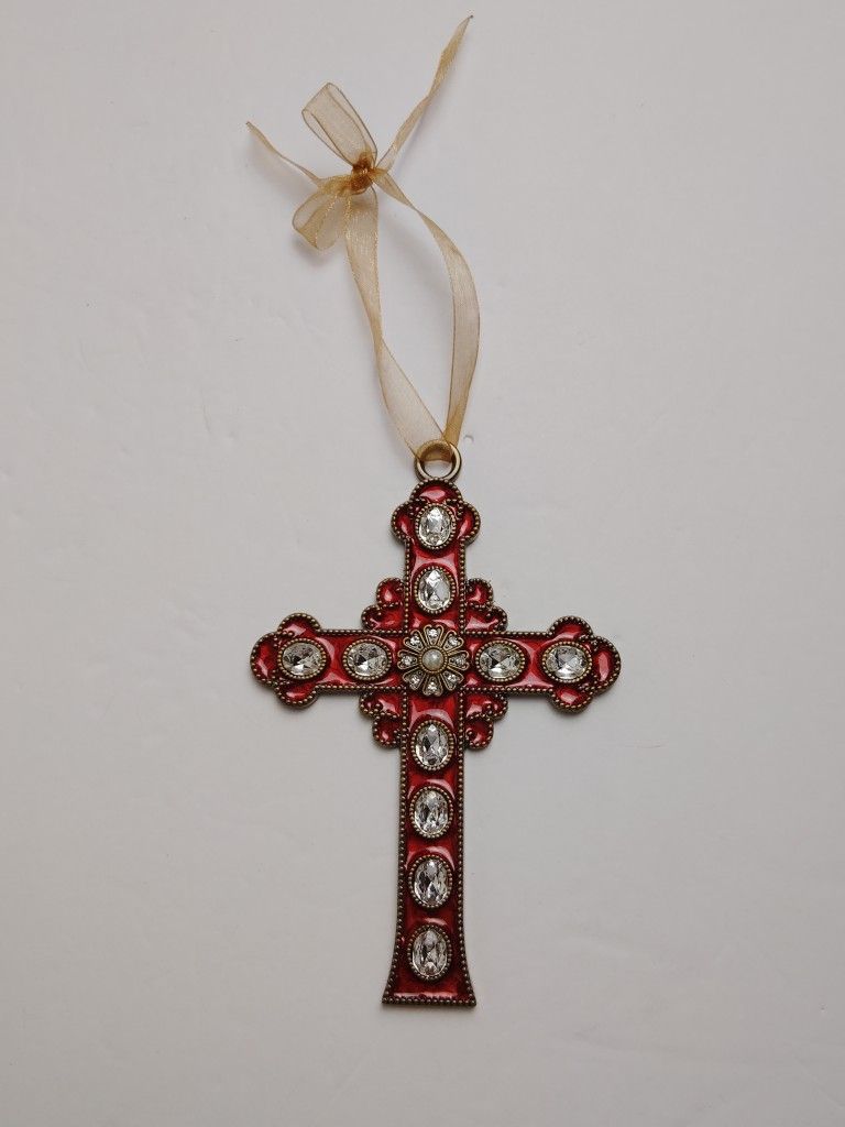 Jeweled Cross Dark Rose Enamel and Rhinestones Ornament or Wall Hang