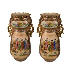 Pair of VERY LARGE 24" Vintage Japanese Royal Satsuma Hand Painted Vases