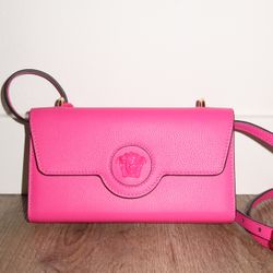 Versace Grained Calfskin La Medusa Wallet On Chain Fuchsia Pink Lilac