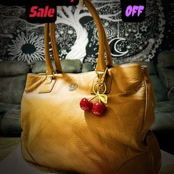 Tory Burch Tan Leather Tote Bag  with Red  gold cherry keychain Charm