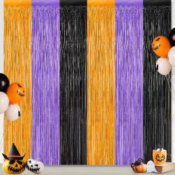 2 Pack Halloween Tinsel Backdrop, Orange Purple Black Foil Fringe Curtains Metallic Foil, 3.28 x 6.56 FT Halloween Tinsel Backdrop Photo Booth Props S