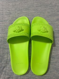 VERSACE Neon Green Medusa Pool Slides Sandals Palazzo