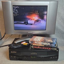 VCR Bundle! Quasar (Panasonic) VHS Player with 2 Movies & rca cables