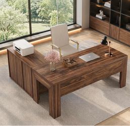 F2682AB L Shaped Executive Desk with Drawers,Light Walnut Large Office Desk with Rolling File Cabinet Combo,Home Office Computer Desk,Wooden Desk with