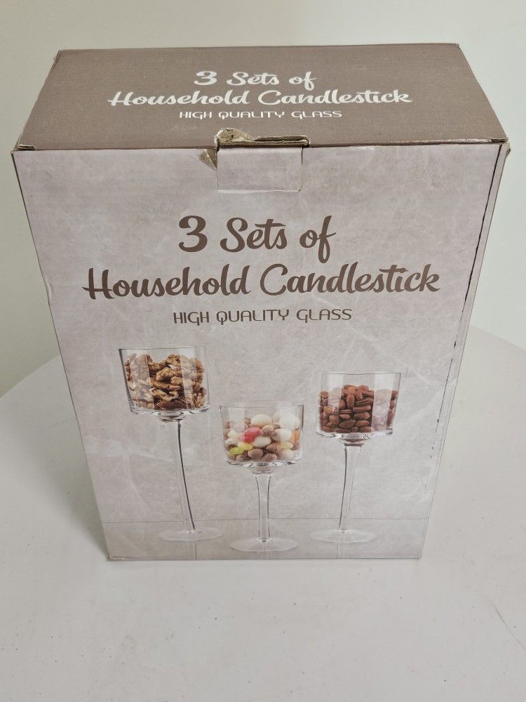 Elegant Trio Clear Glass Candlestick Holders. Luminary Glass Candle Holders Set.