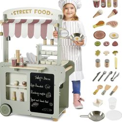 Wooden Food Cart, Kitchen Playset 50-Piece Toddler Pretend Play Grocery Store with Sink and Ice Maker, Kitchen Set for Kids Ages 3+, Gift for Boys and