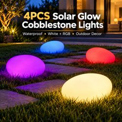 4PC Solar Glow Cobblestone Lights – White & RGB Waterproof Outdoor Garden Lights