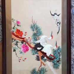 Chinese Cranes Fine Silk Embroidery Framed