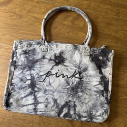 PINK Victoria Secret Dark Gray Canvas Tie Dyed Zip Closure Lightweight Tote Bag