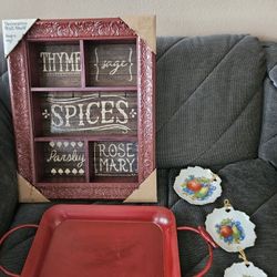 5 ITEMS NEW  DECORATIVE SPICE RACK, BIRD TRAY ETC