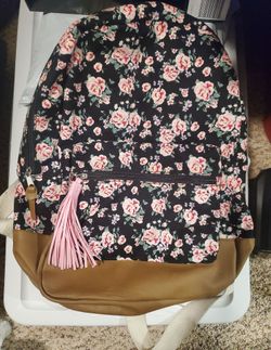 Floral Print Canvas School Backpack Black/Pink/Brown
