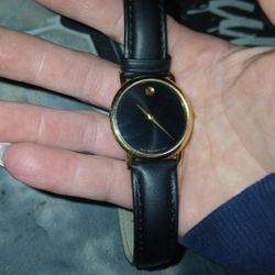 Movado Gold Tone Black Dial Leather Strap Quartz Watch