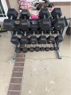Rubber hex dumbbells weights 5-50 plus rack 490lbs total