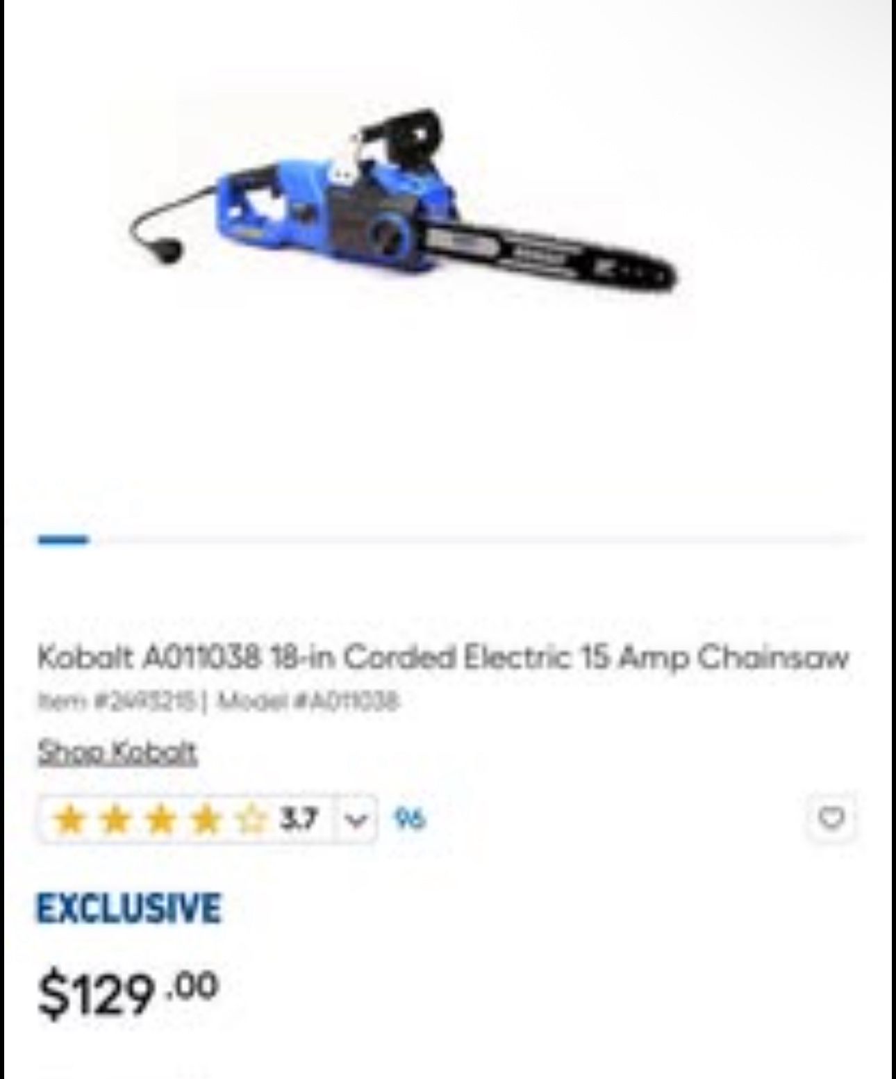Kobalt A011038 18-in Corded Electric 15 Amp Chainsaw