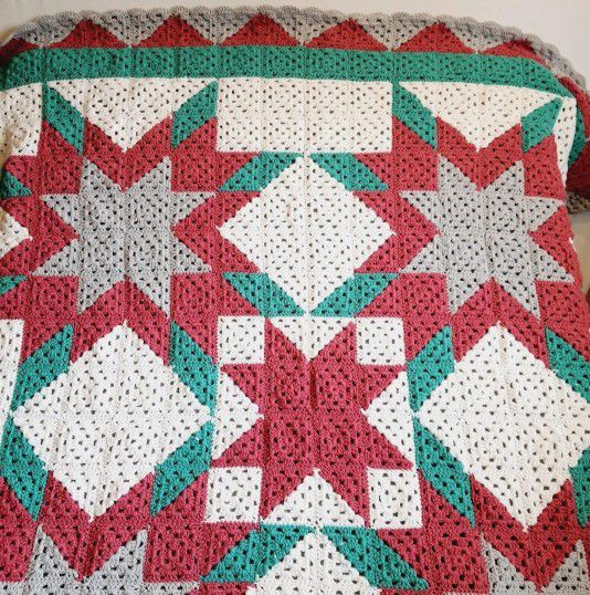 Handmade Blanket 82 X 82 Red Crocheted Afghan 8 Pointed Star Nordic Selbu Rose