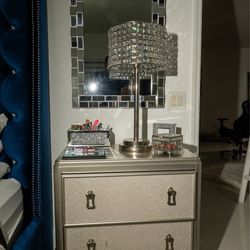 Silver Glam Bedroom Furniture Set with Mirrors, Dressers, Nightstands & Blue Tufted Bed