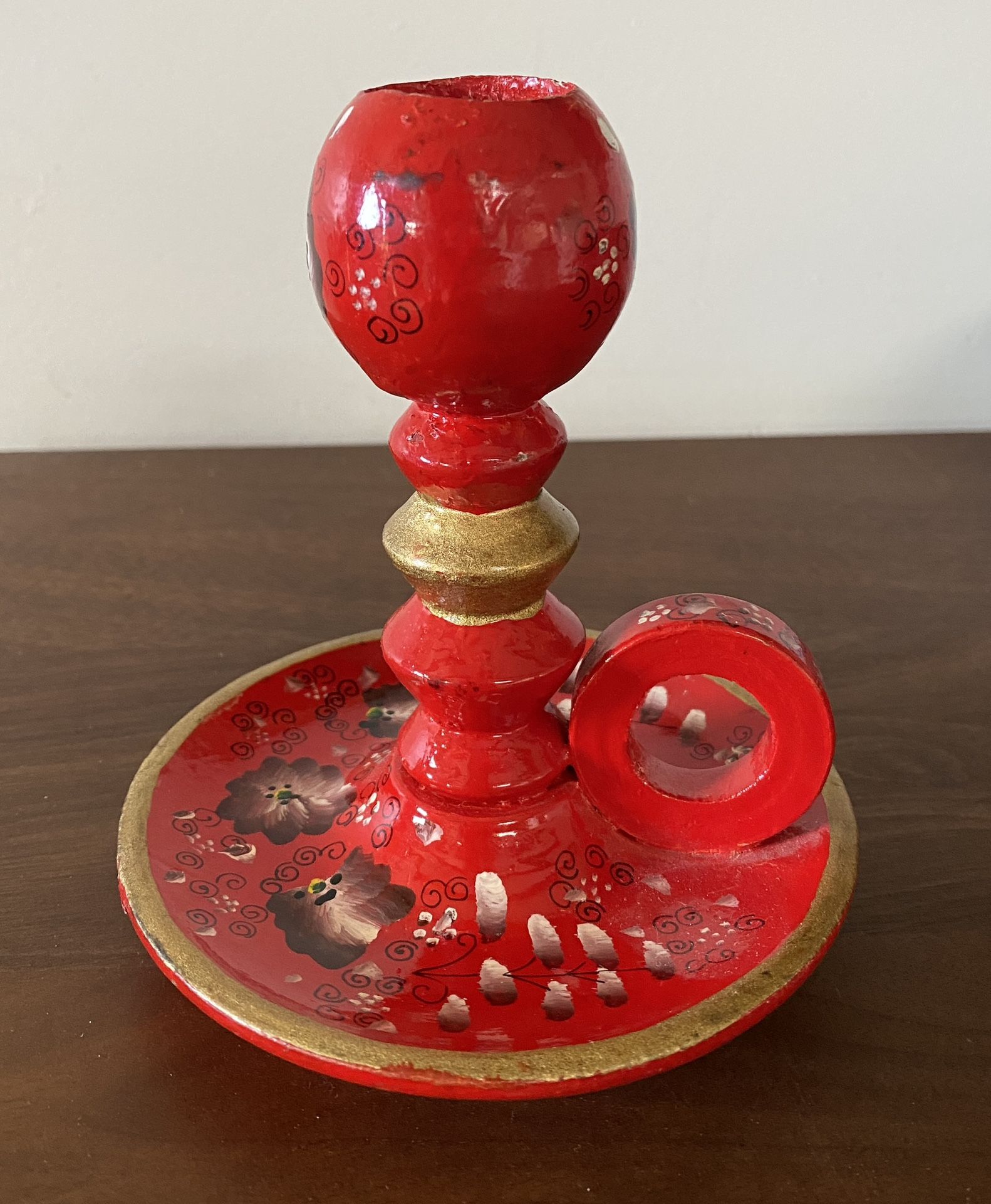 Vtg Red Swiss Hand Painted Wood Chamber Candlestick