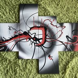Modern 4-panel abstract wall art — sleek red, black, and silver