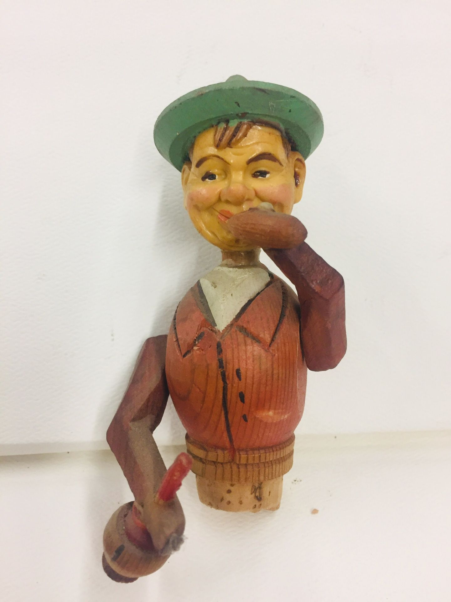 Antique Wood Carved Bottle Stopper Movable Figurine